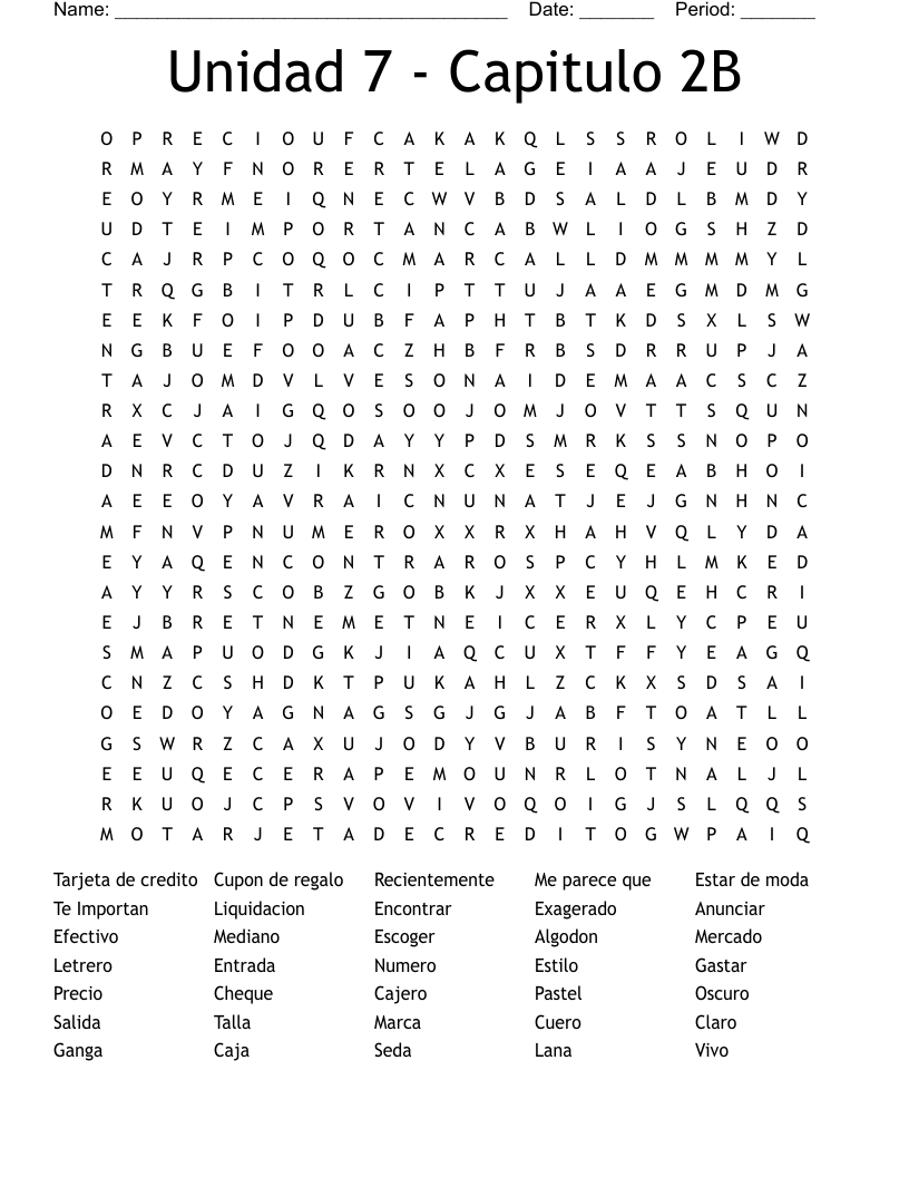 Unidad 7 - Capitulo 2B Word Search