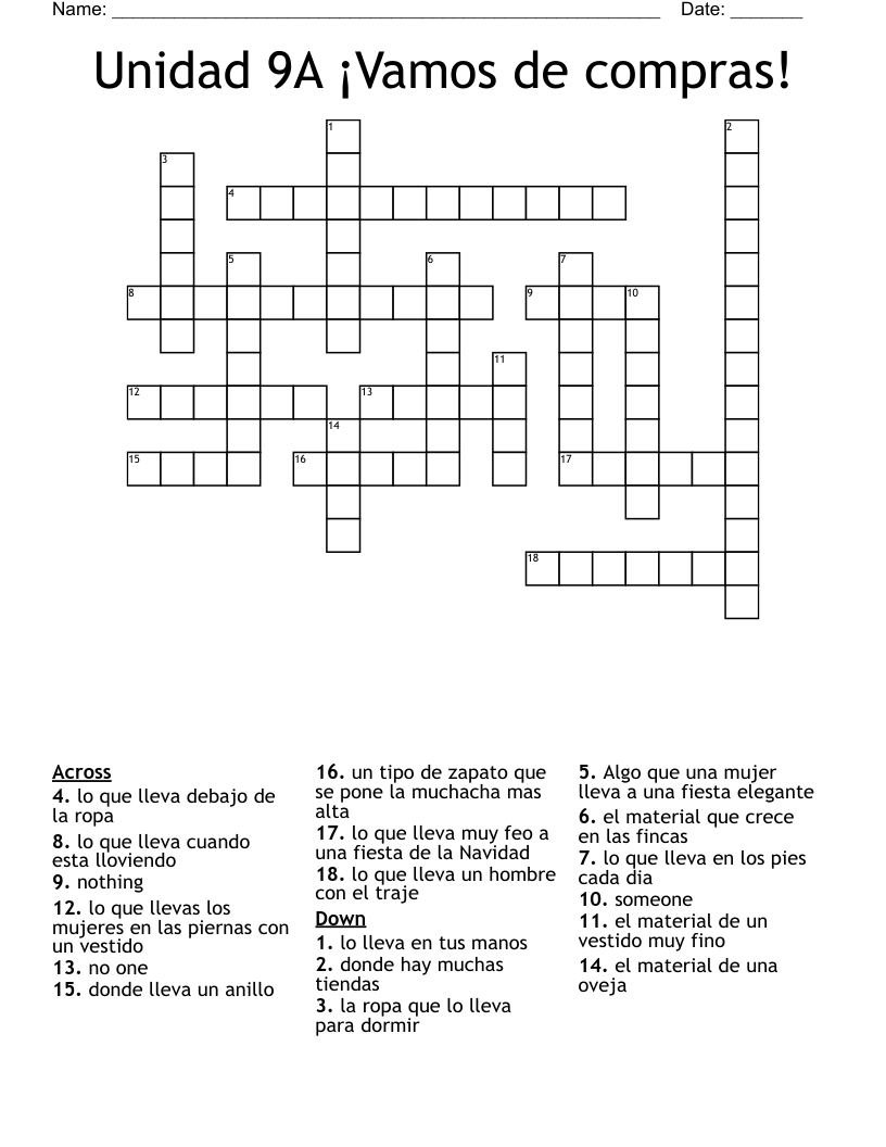 Unidad 9A ¡Vamos de compras! Crossword