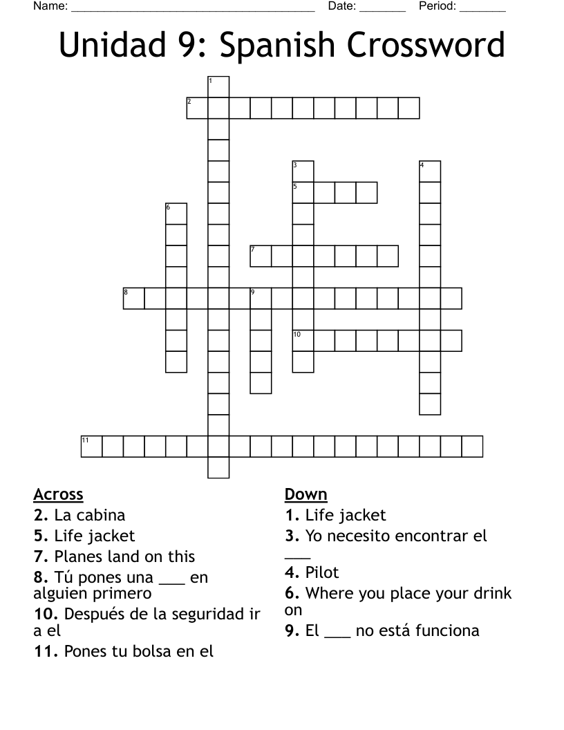 Unidad 9: Spanish Crossword