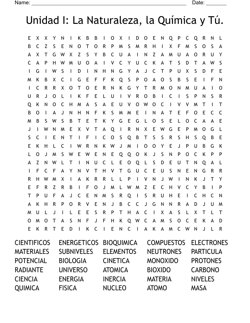 Unidad I: La Naturaleza, la Química y Tú. Word Search