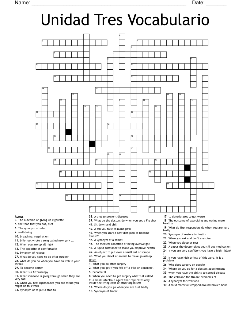 Unidad Tres Vocabulario Crossword
