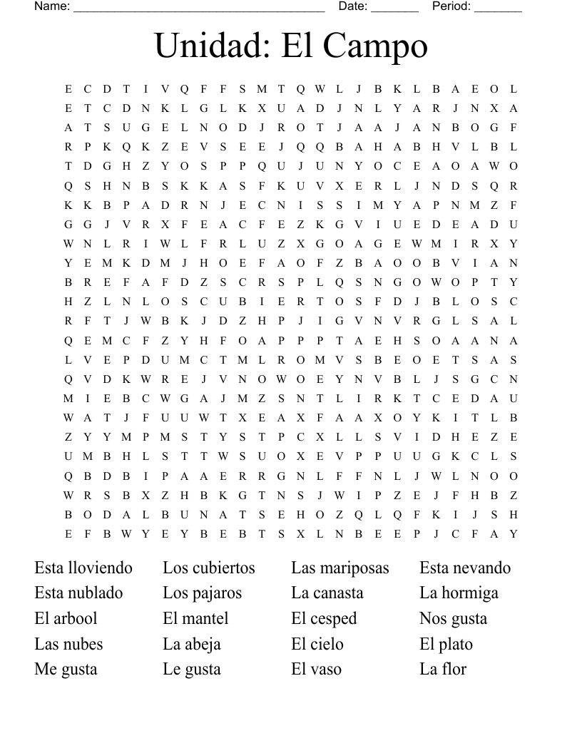Unidad:  El Campo Word Search