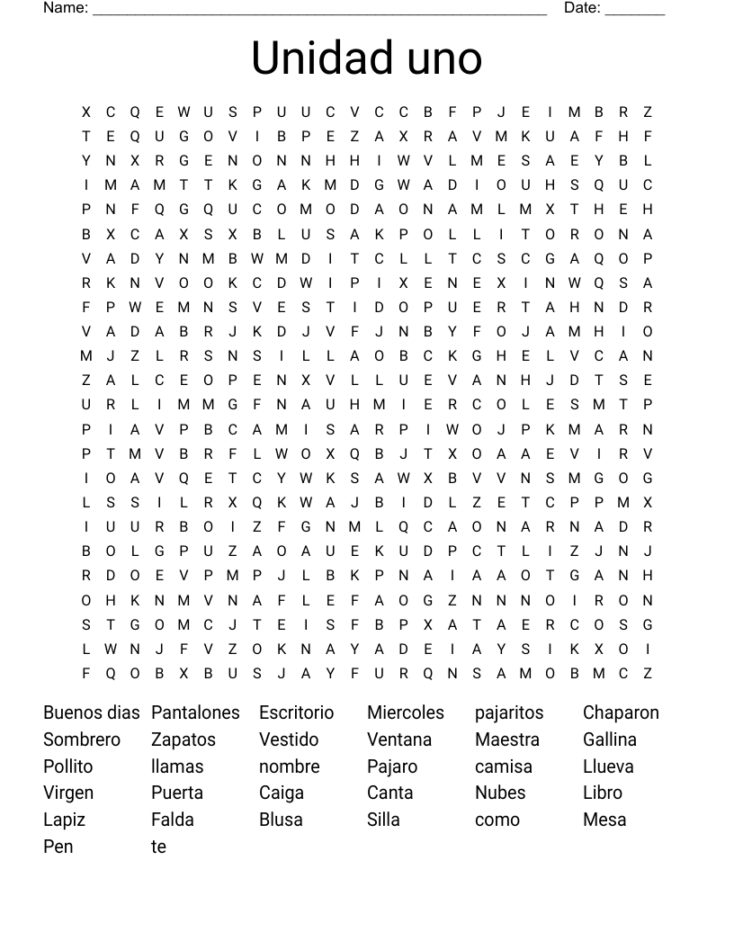 Unidad uno Word Search
