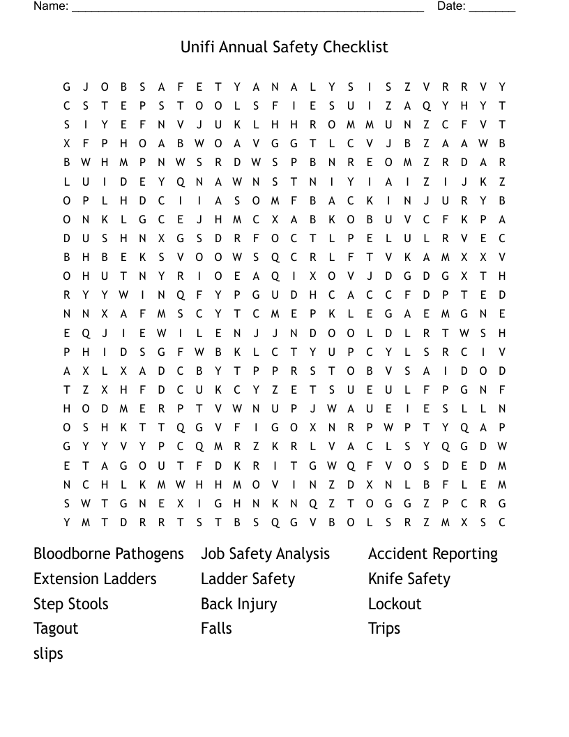 Unifi Annual Safety Checklist                                                   Word Search