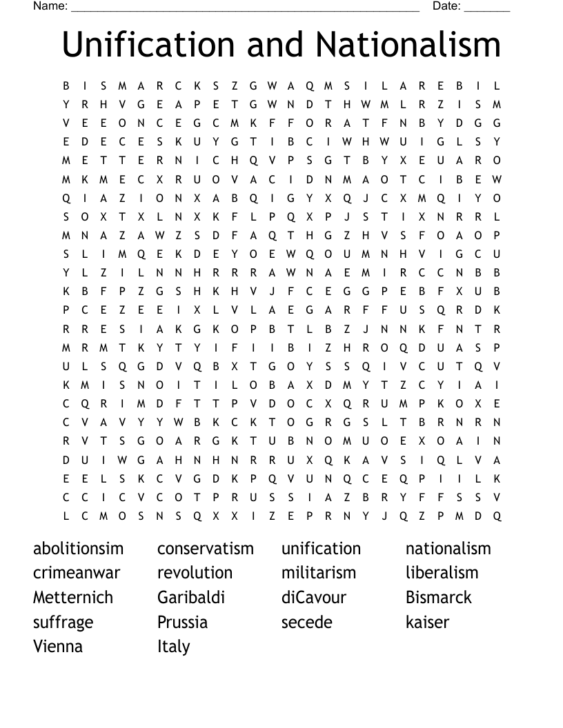 Unification and Nationalism Word Search