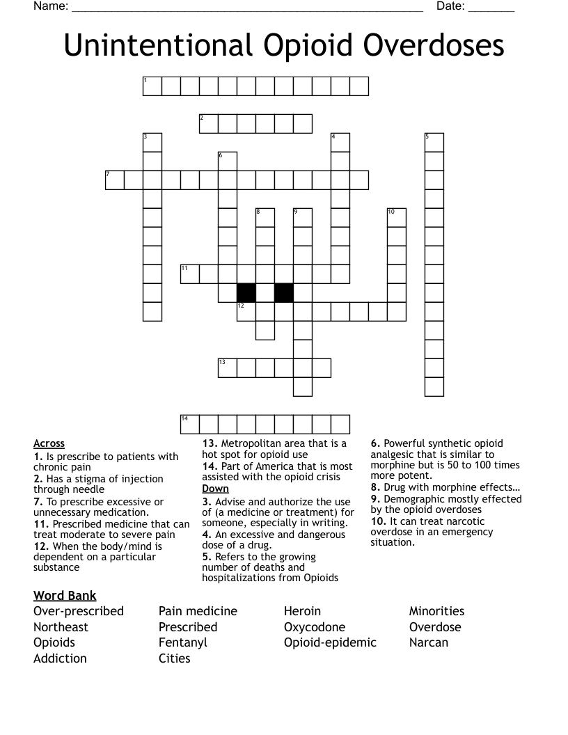 Unintentional Opioid Overdoses  Crossword