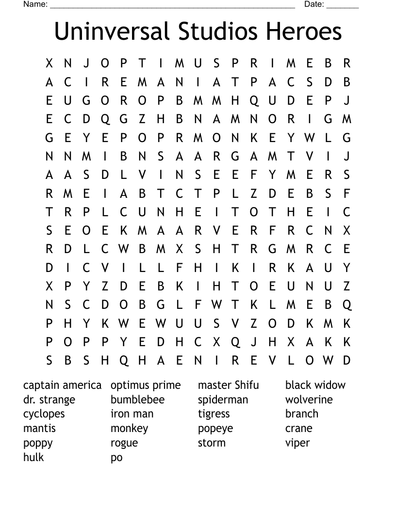 Uninversal Studios Heroes Word Search