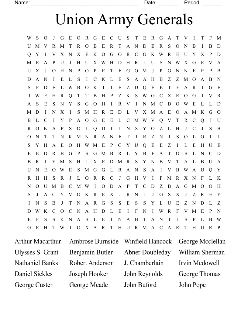 Union Army Generals Word Search