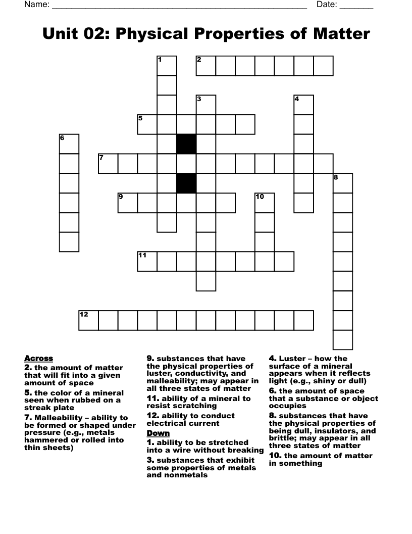 Unit 02: Physical Properties of Matter Crossword