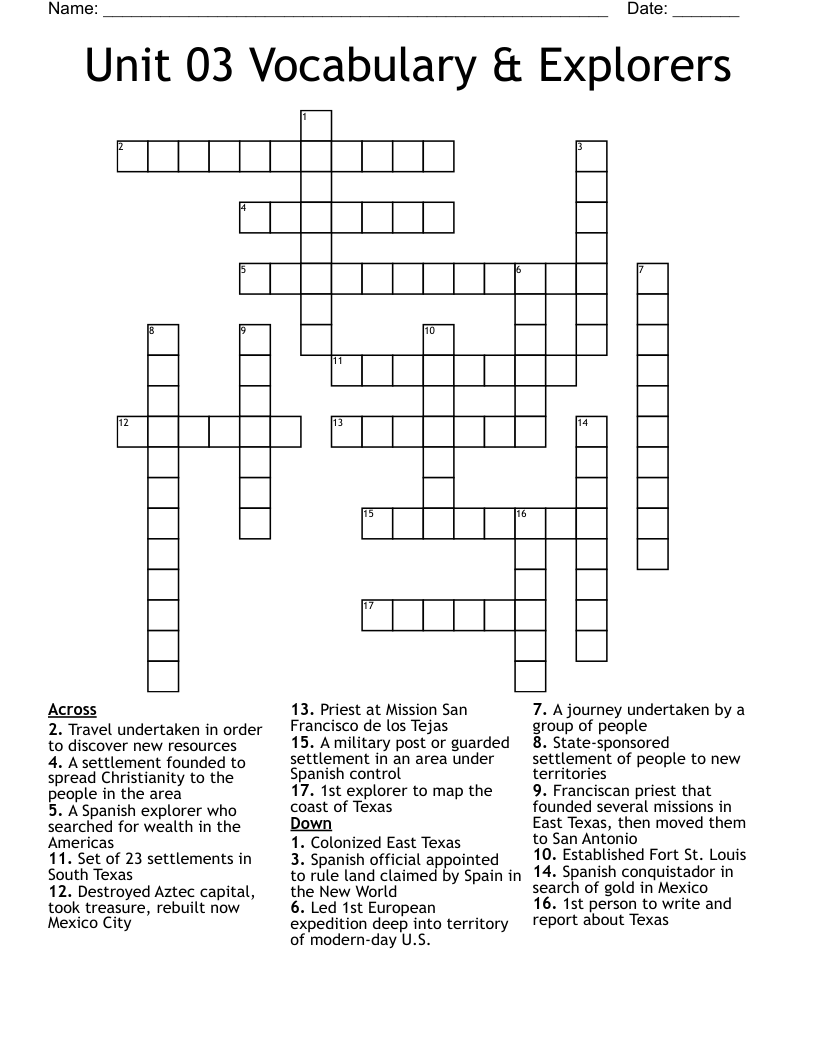 Unit 03 Vocabulary & Explorers Crossword