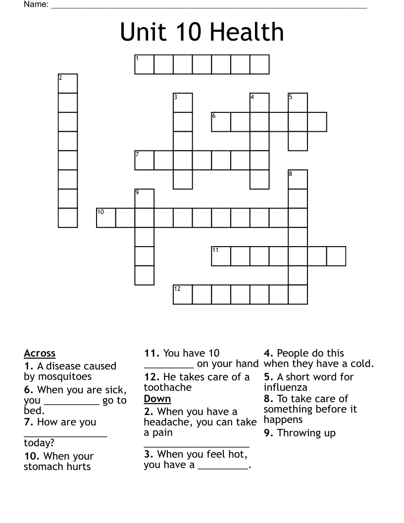Unit 10 Health Crossword