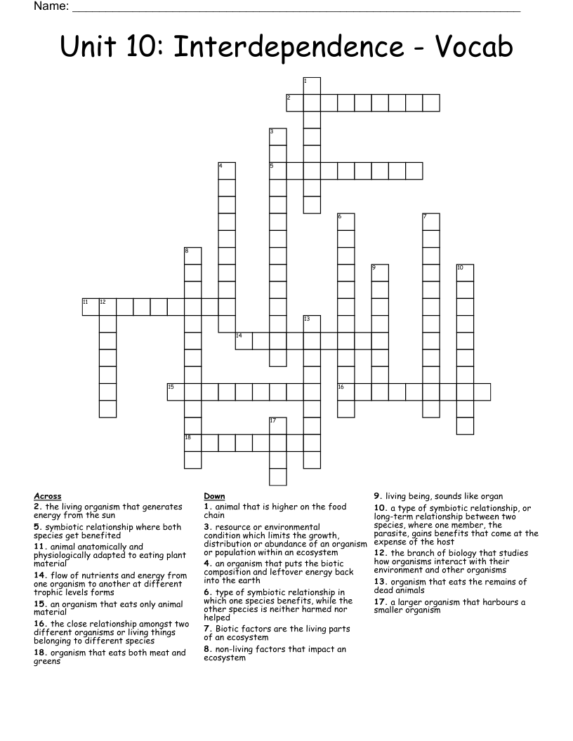 Unit 10: Interdependence - Vocab Crossword