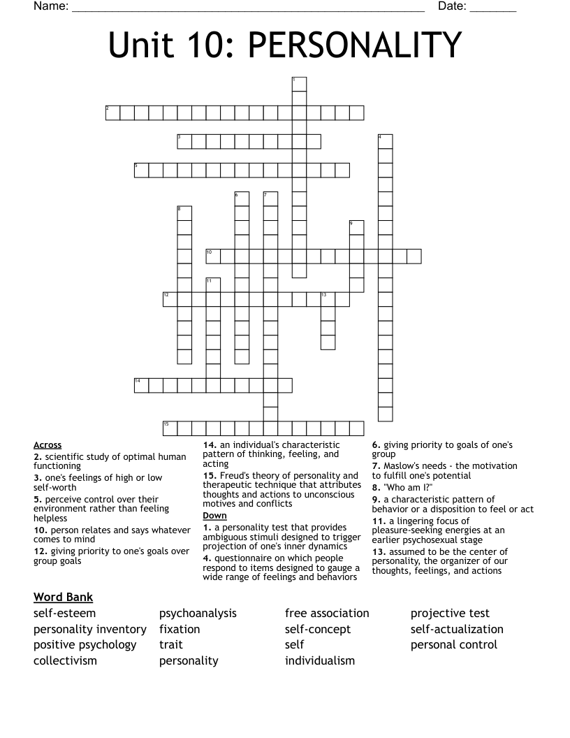 Unit 10: PERSONALITY Crossword