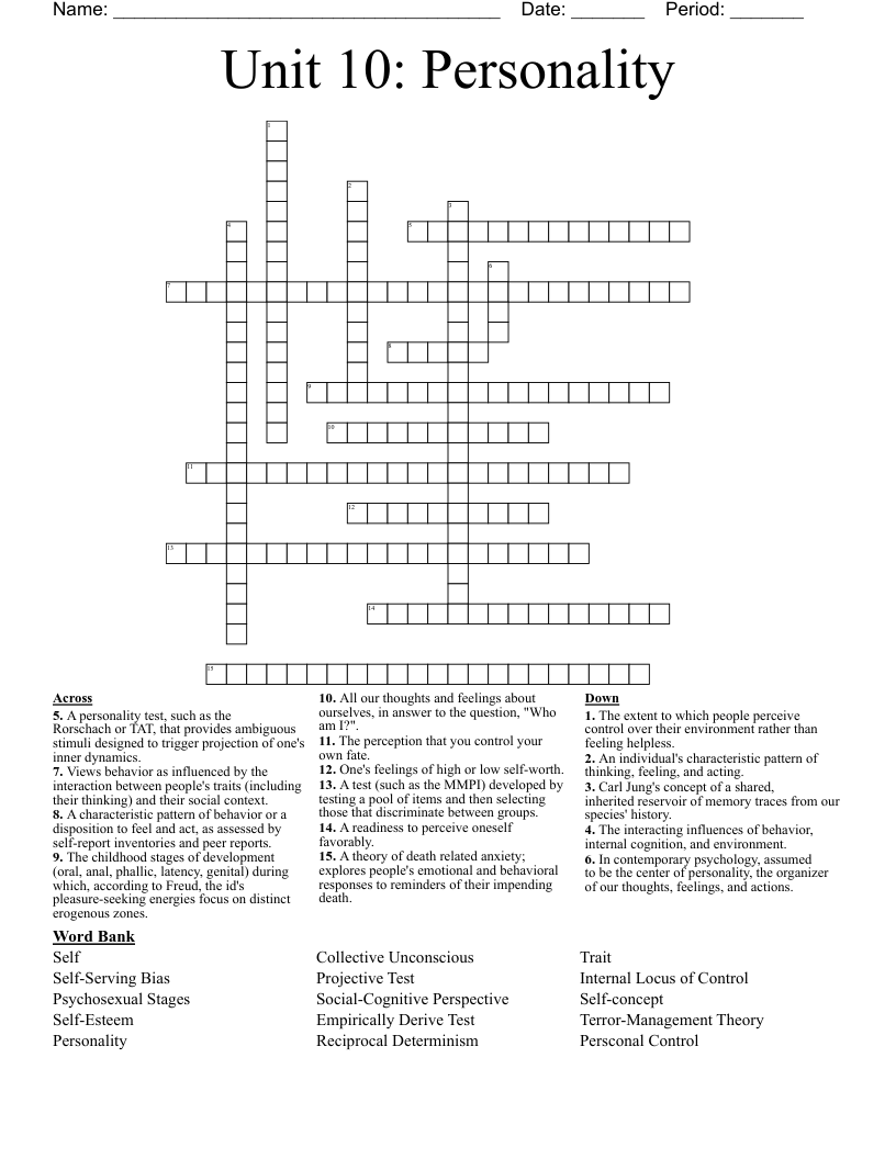 Unit 10: Personality Crossword