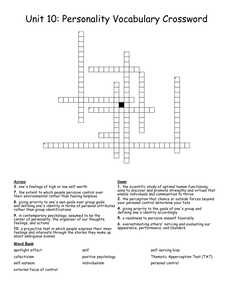 Unit 10: Personality Vocabulary Crossword 