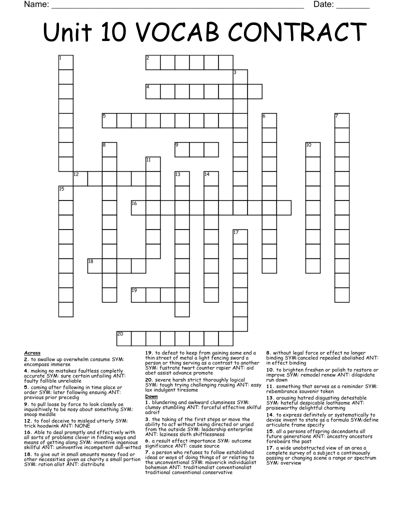 Unit 10 VOCAB CONTRACT Crossword