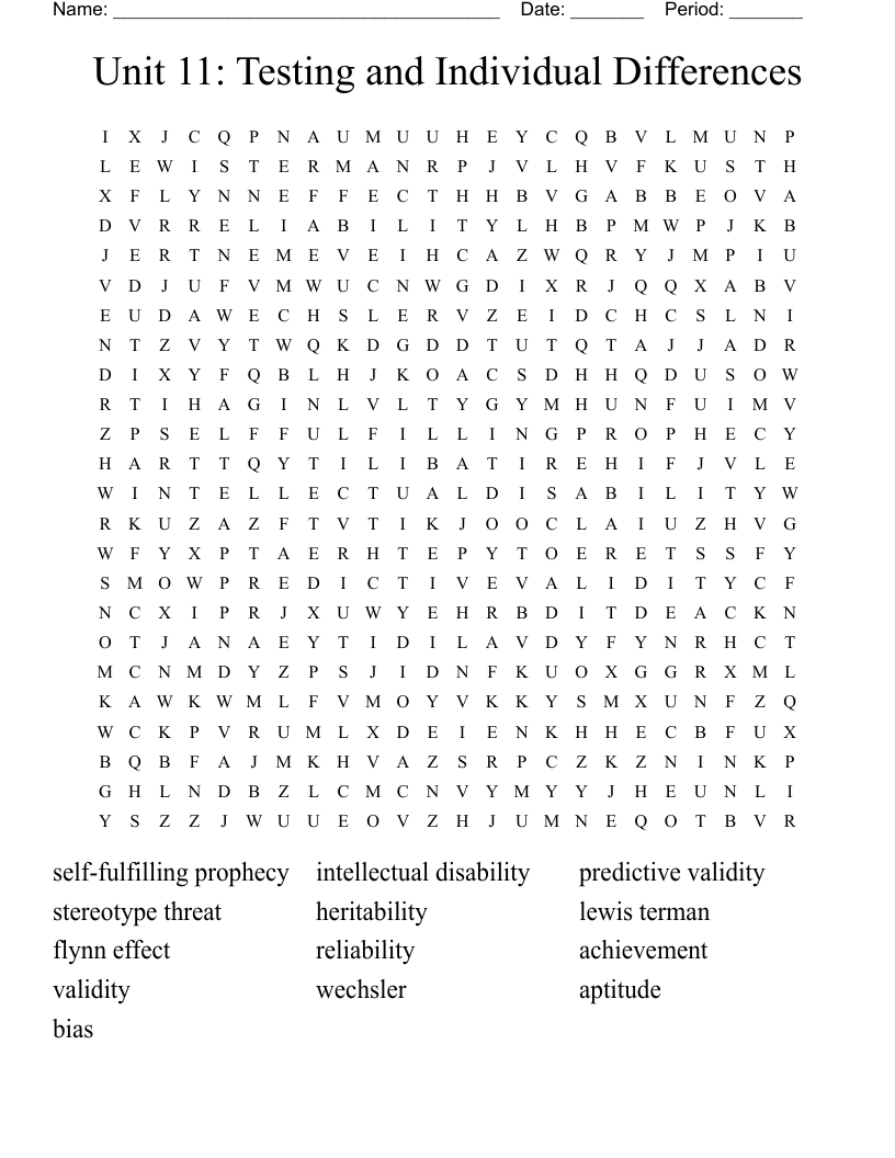 Unit 11: Testing and Individual Differences Word Search