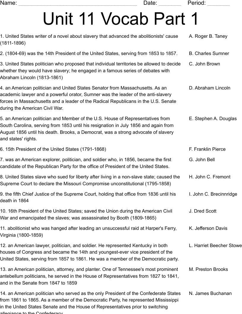 Unit 11 Vocab Part 1 Worksheet