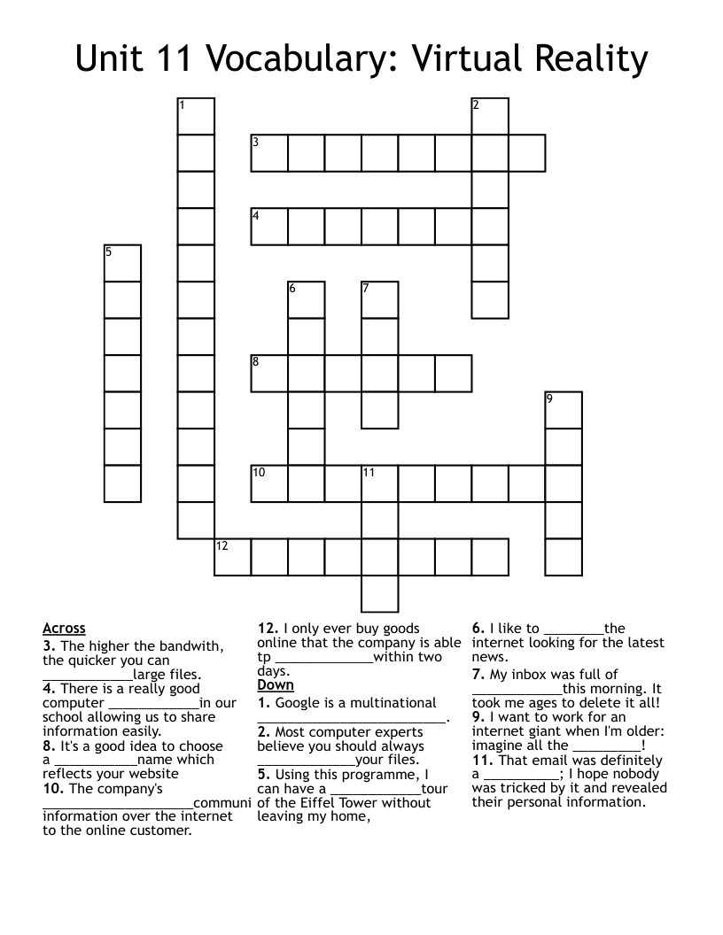 Unit 11 Vocabulary: Virtual Reality Crossword
