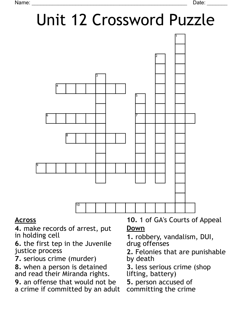 Unit 12 Crossword Puzzle