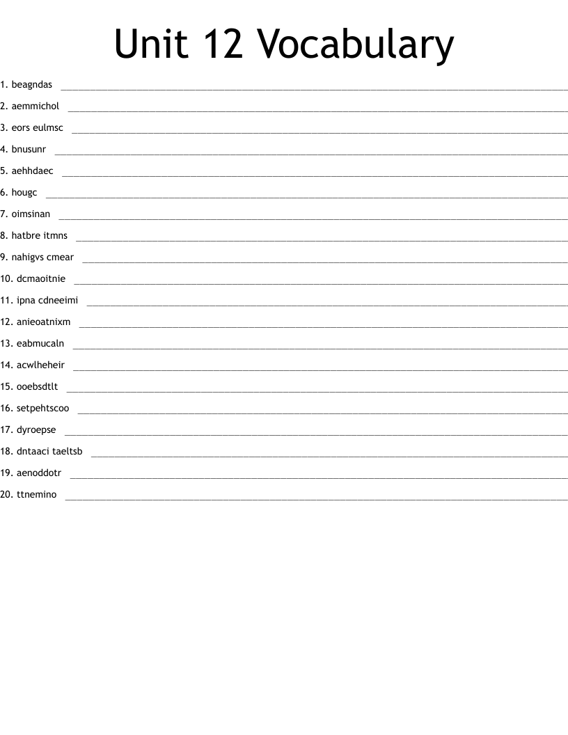 Unit 12 Vocabulary Word Scramble