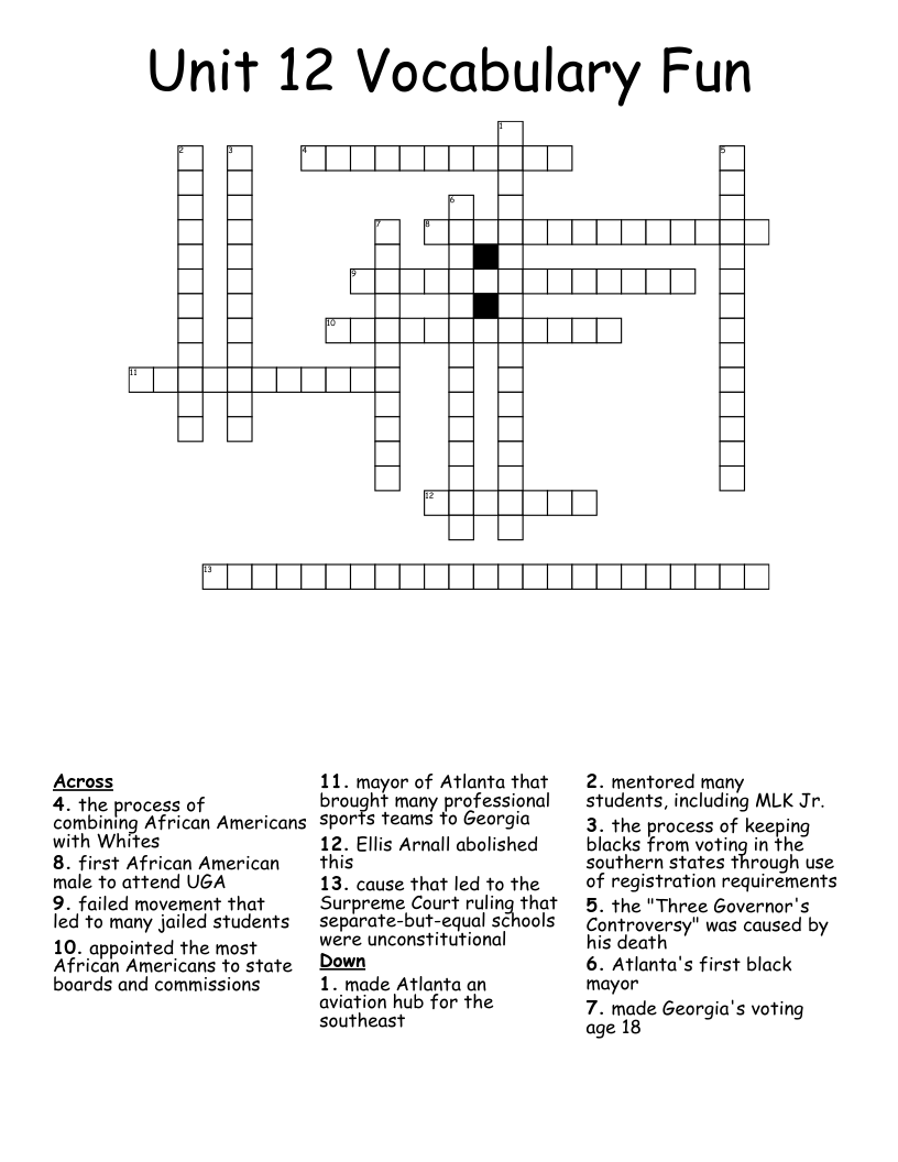 Unit 12 Vocabulary Fun Crossword