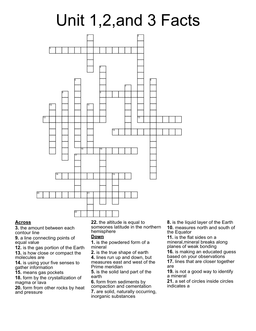 Unit 1,2,and 3 Facts Crossword