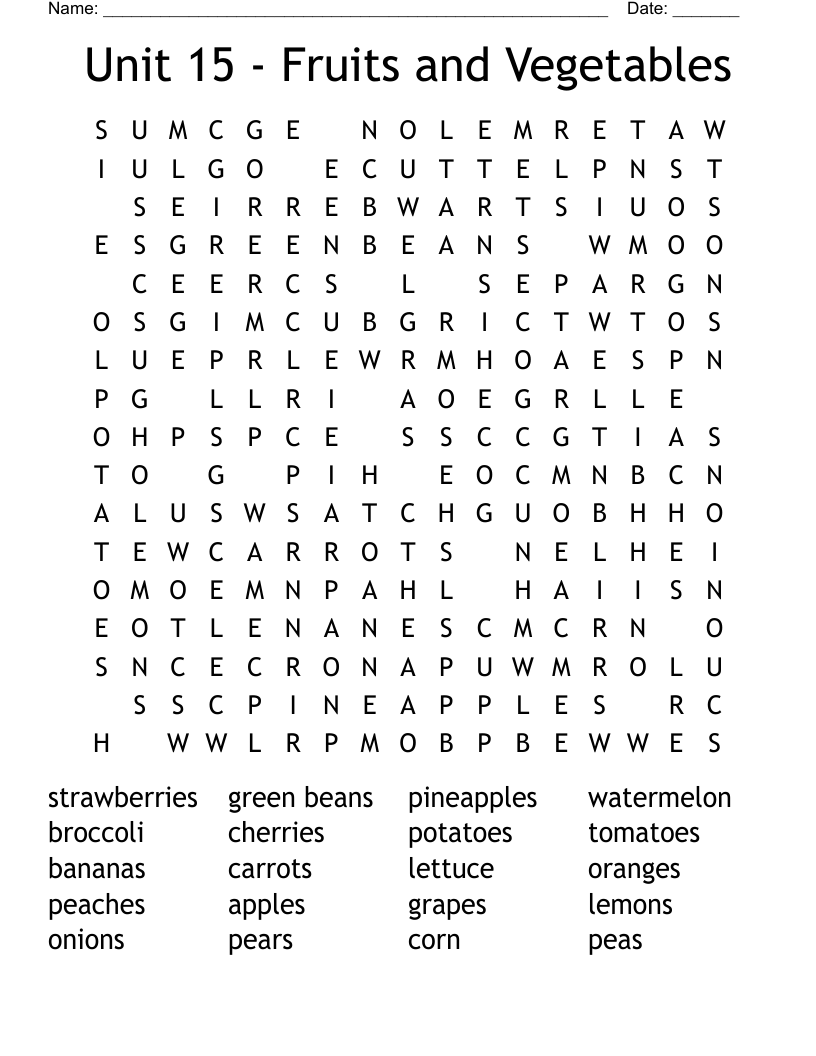 Unit 15 - Fruits and Vegetables Word Search