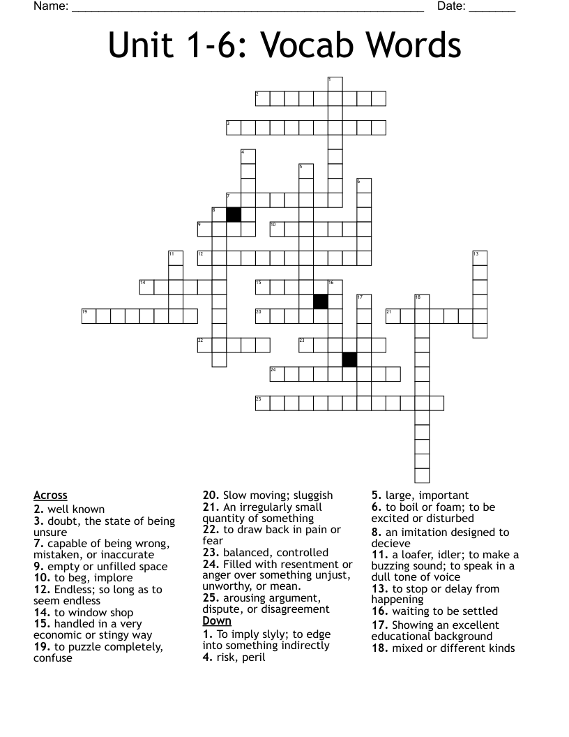 Unit 1-6: Vocab Words Crossword