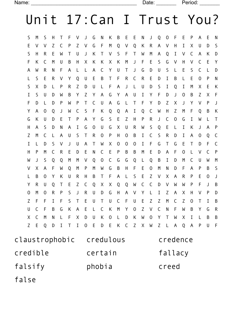 Unit 17:Can I Trust You? Word Search
