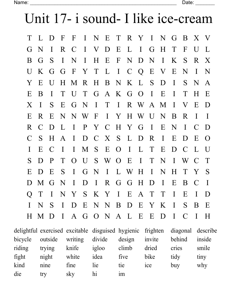 Unit 17- i sound- I like ice-cream Word Search