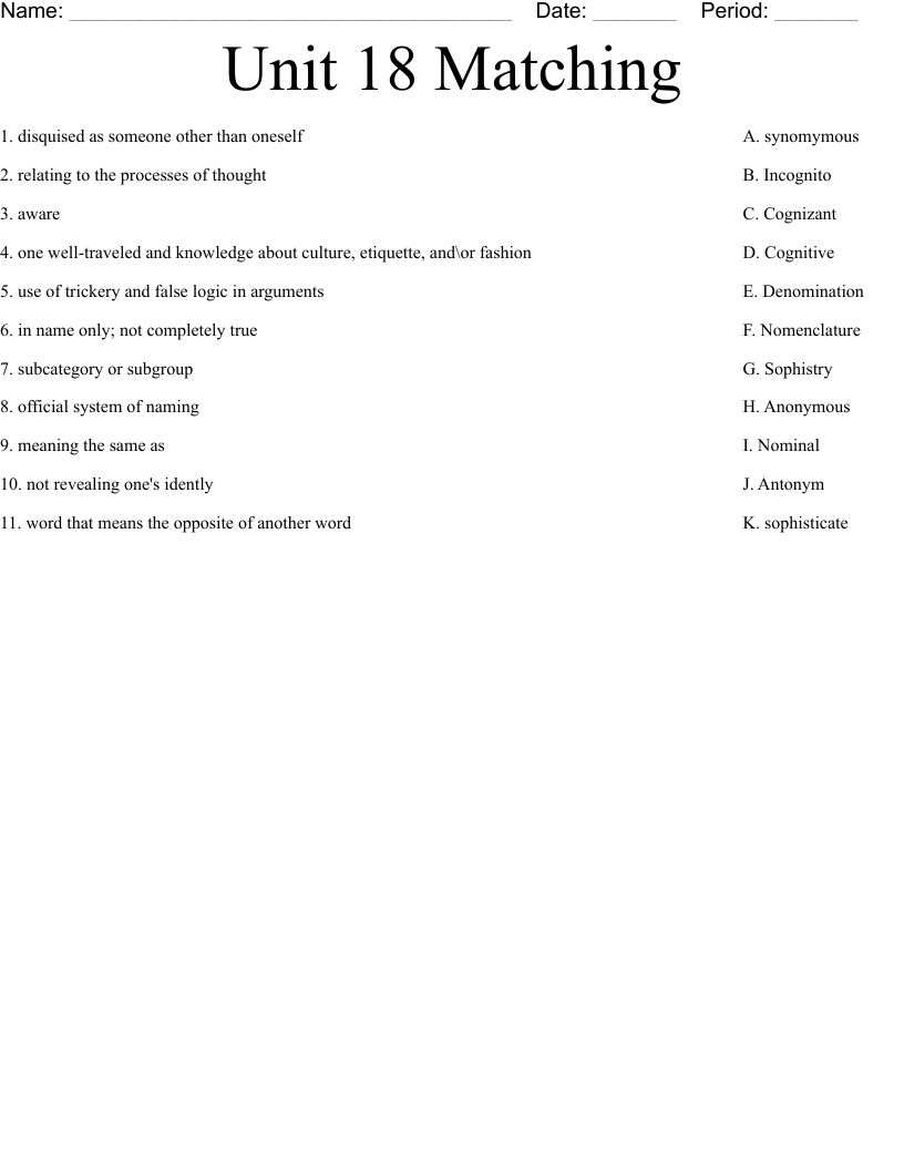 Unit 18 Matching Worksheet