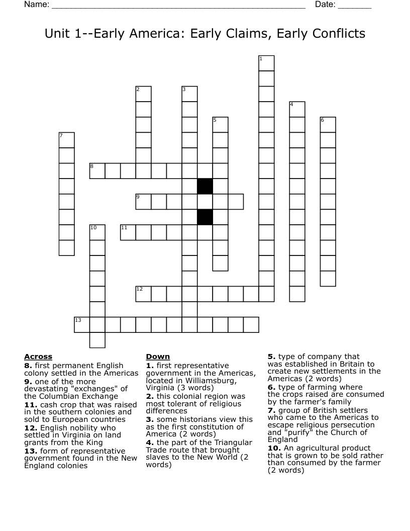 Unit 1--Early America:  Early Claims, Early Conflicts Crossword