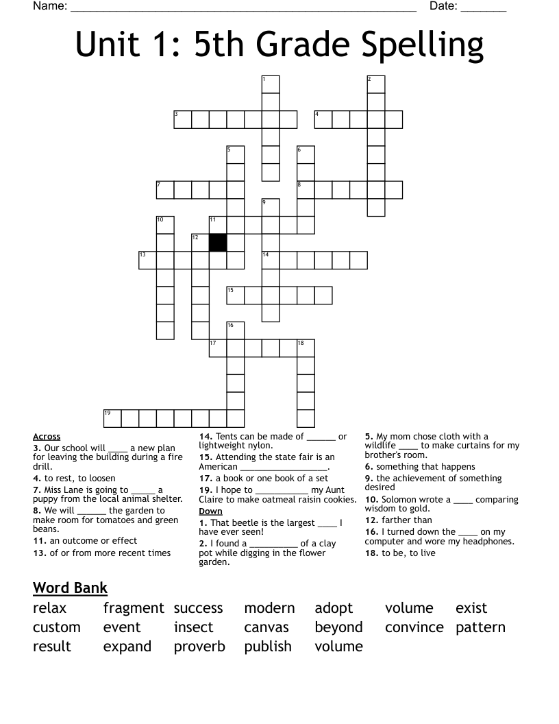 Unit 1: 5th Grade Spelling  Crossword