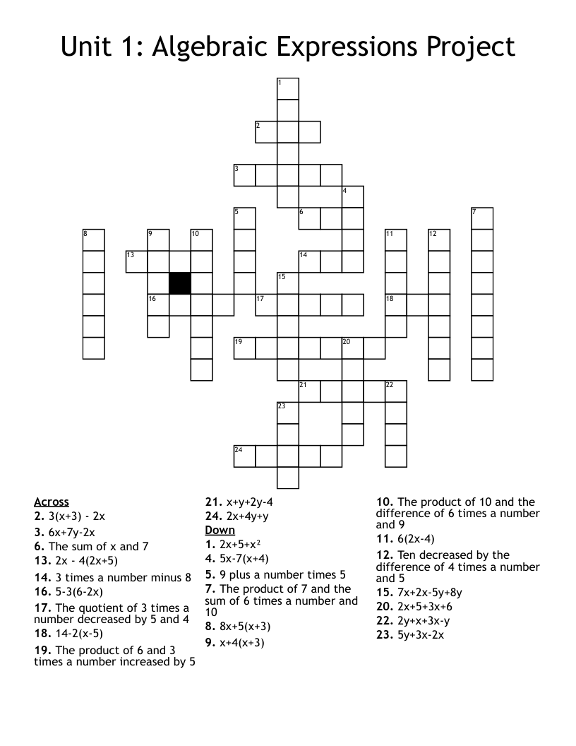 Unit 1: Algebraic Expressions Project Crossword