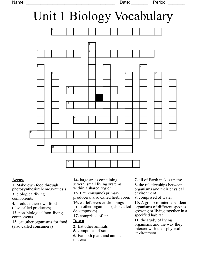 Unit 1 Biology Vocabulary Crossword