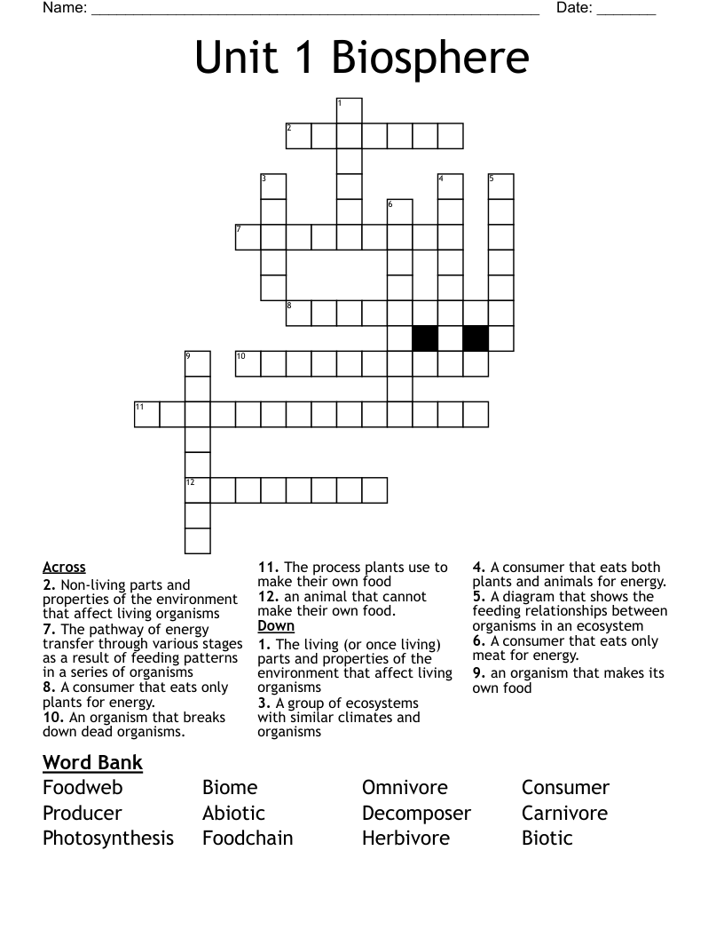 Unit 1 Biosphere Crossword
