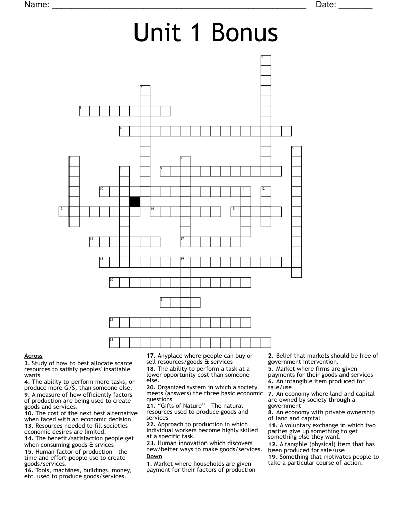 Unit 1 Bonus Crossword