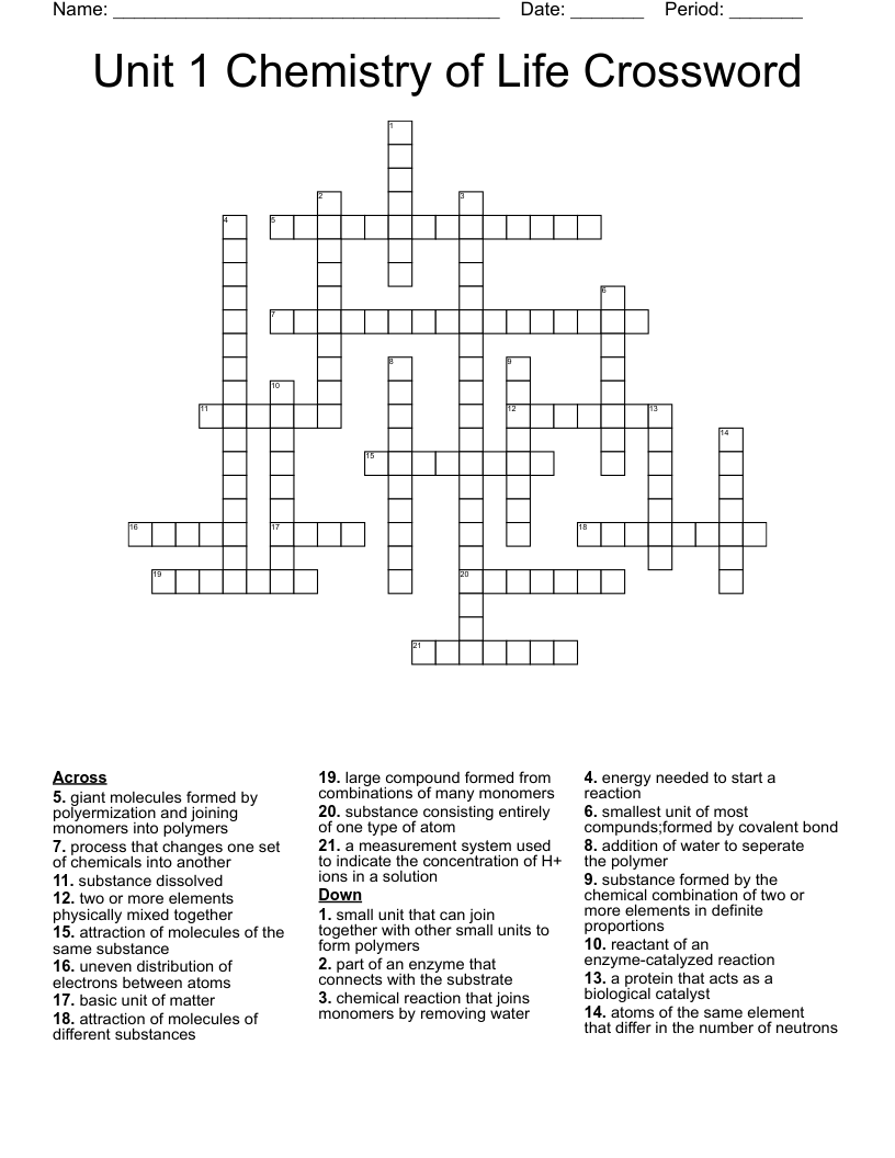 Unit 1 Chemistry of Life Crossword
