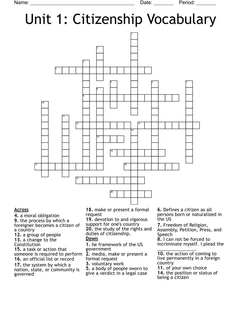 Unit 1: Citizenship Vocabulary Crossword