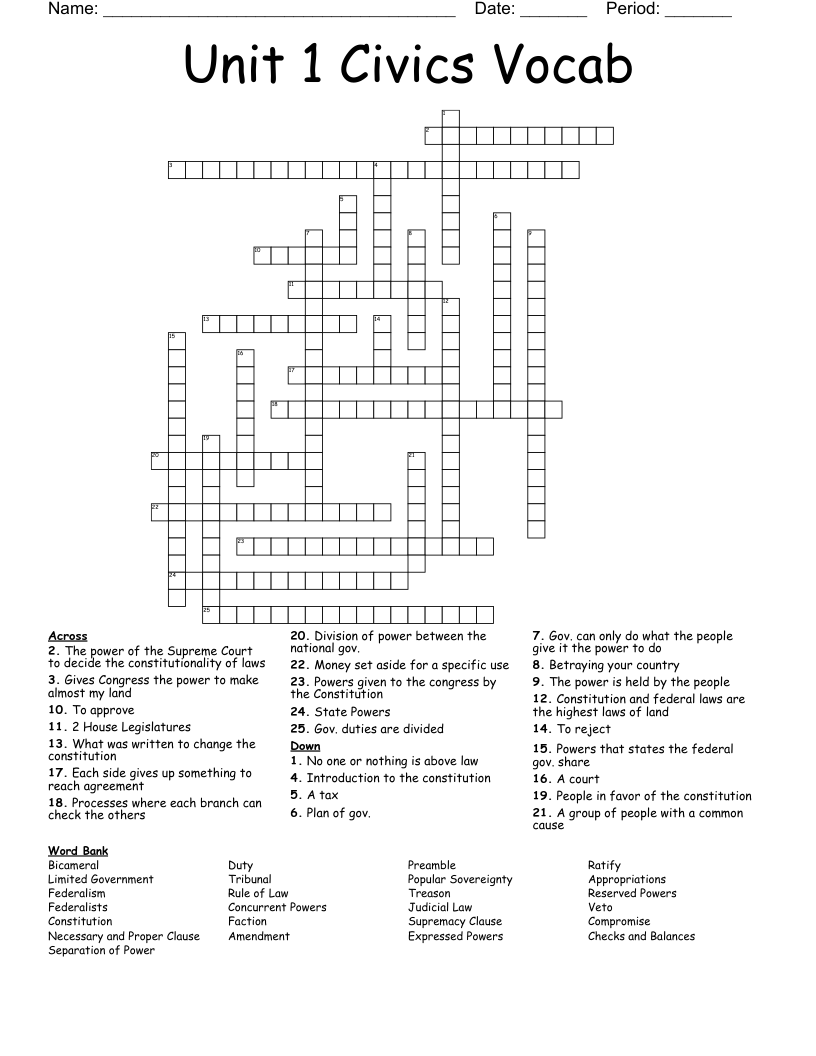 Unit 1 Civics Vocab Crossword