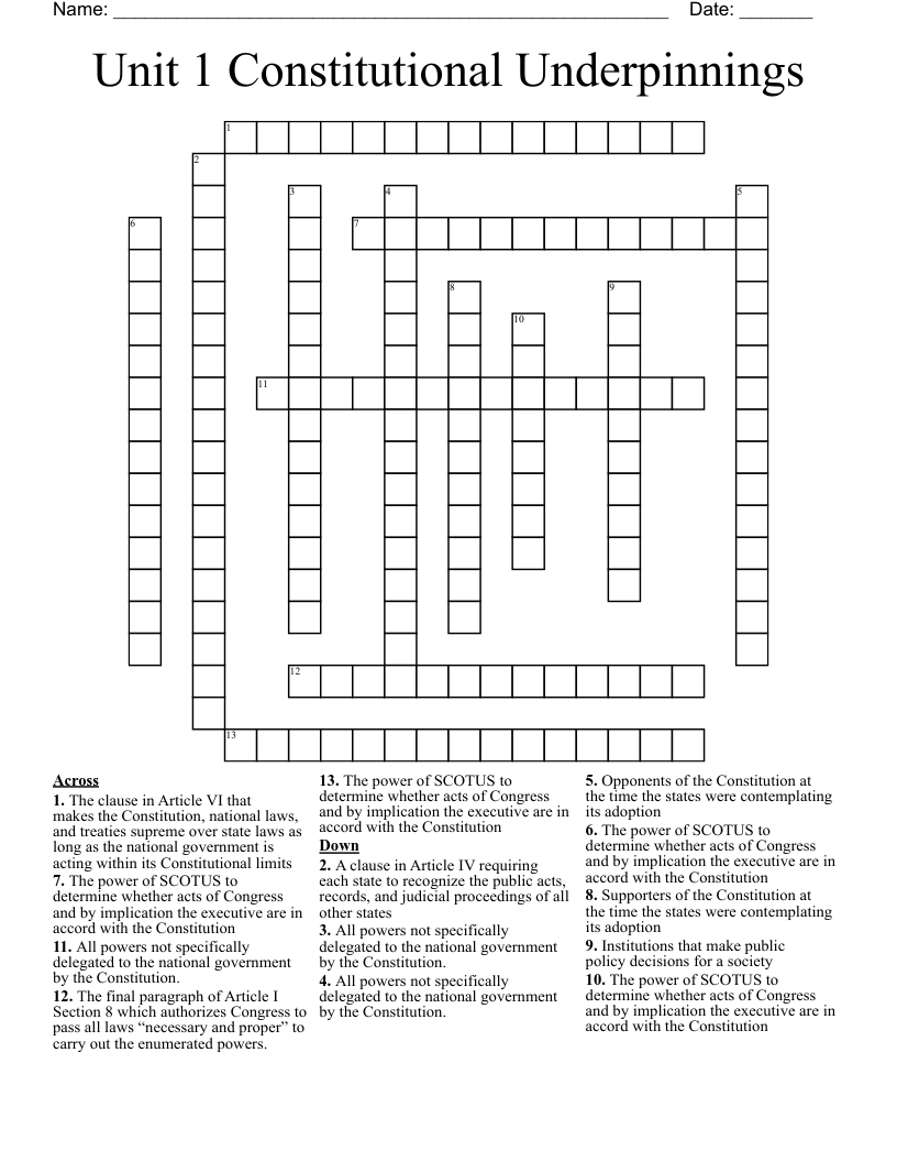 Unit 1 Constitutional Underpinnings Crossword