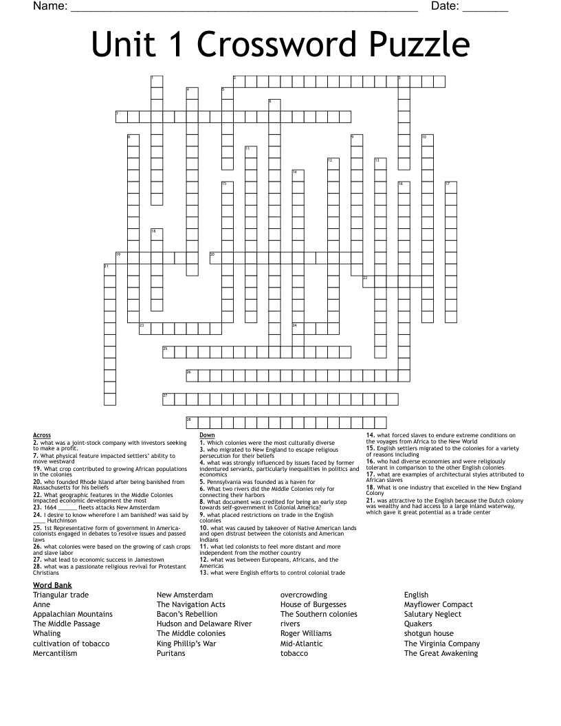 Unit 1 Crossword Puzzle