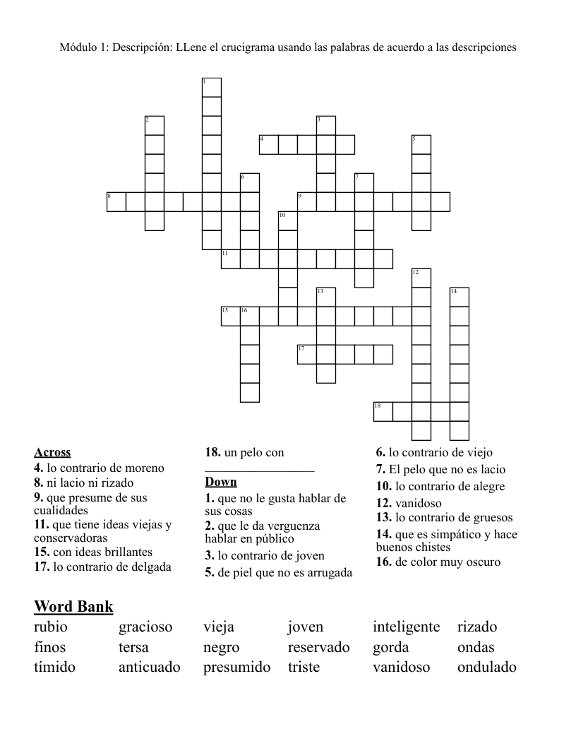 Módulo 1: Descripción: LLene el crucigrama usando las palabras de acuerdo a las descripciones Crossword