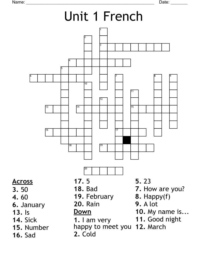 Unit 1 French Crossword