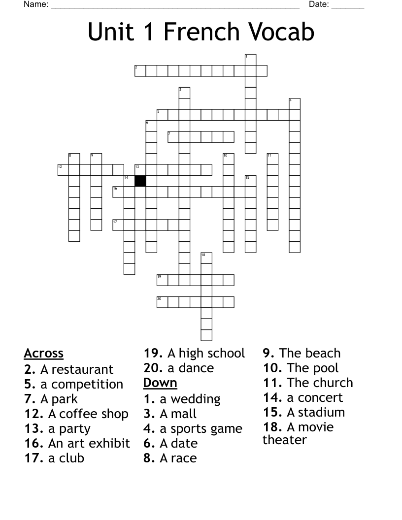 Unit 1 French Vocab Crossword