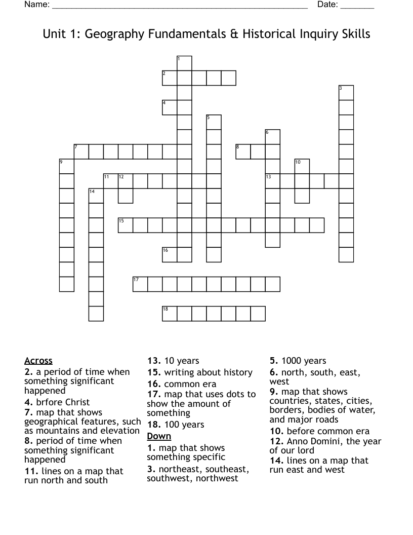 Unit 1: Geography Fundamentals & Historical Inquiry Skills Crossword