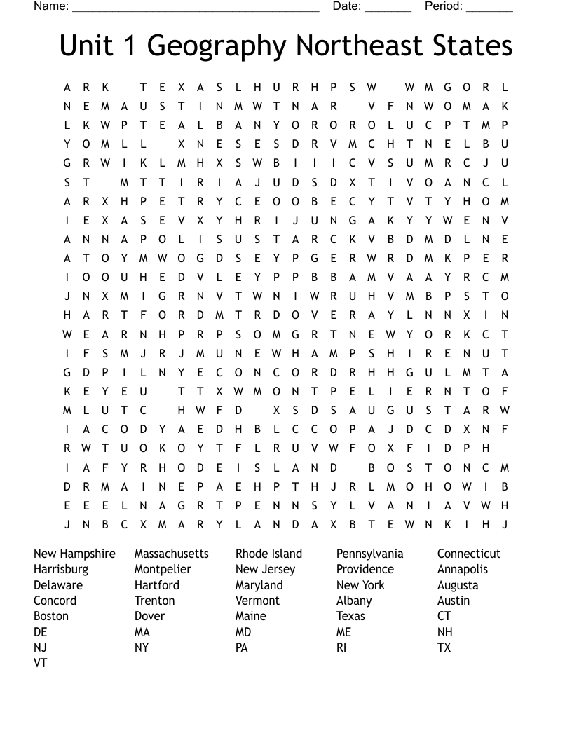 Unit 1 Geography Northeast States Word Search