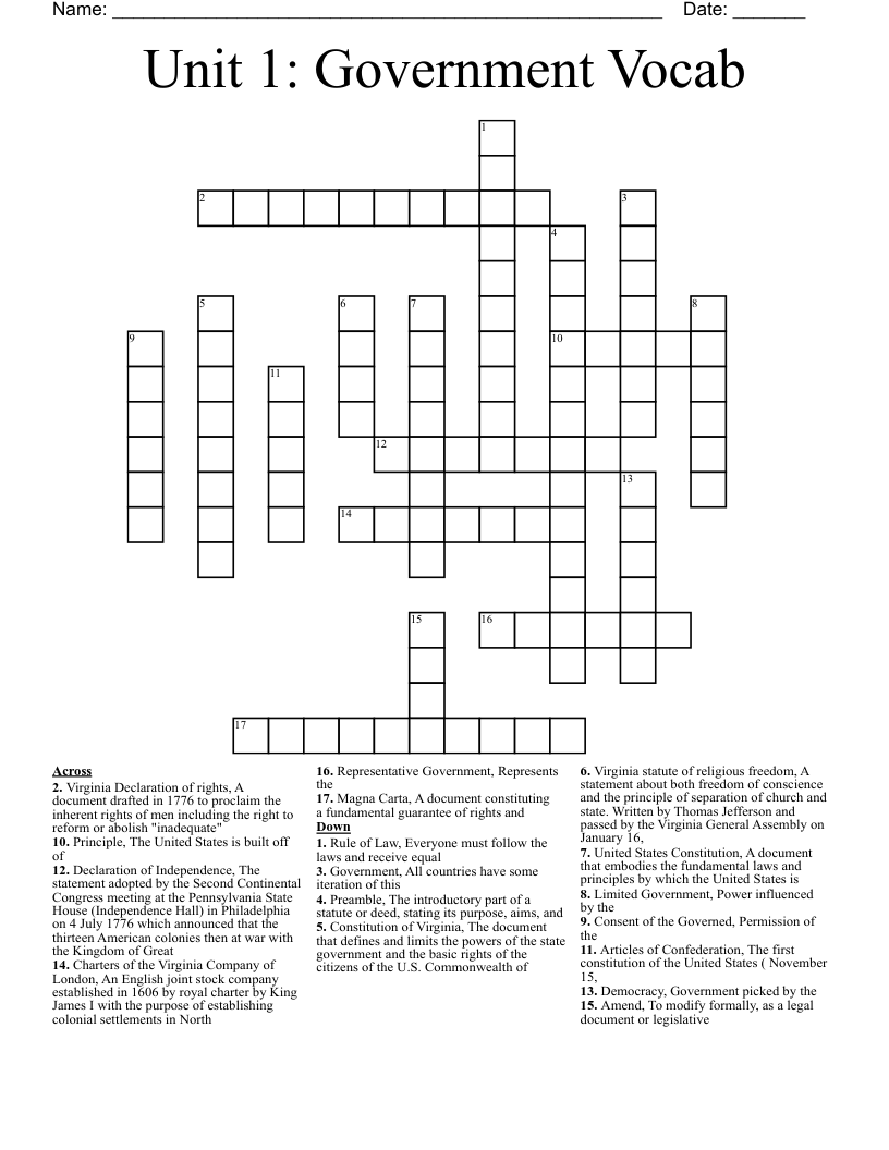Unit 1: Government Vocab Crossword