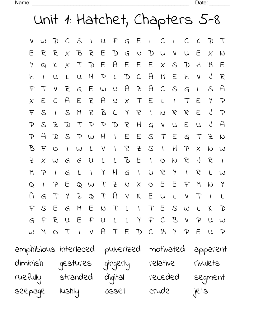 Unit 1: Hatchet, Chapters 5-8 Word Search